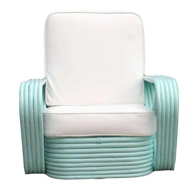 Restored Aqua Turquoise 5-Strand Square Pretzel Rattan Lounge Chairs , Pair - 2