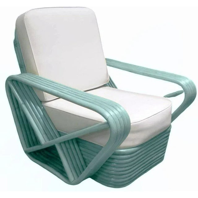 Restored Aqua Turquoise 5-Strand Square Pretzel Rattan Lounge Chairs , Pair - 5