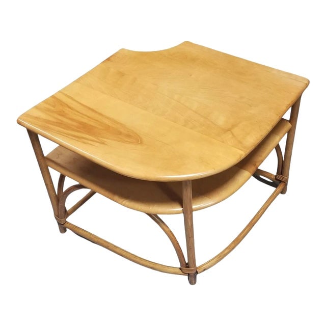 1950s Restored Mid Century Maple and Faux Rattan Corner Table by Heywood Wakefield: Title: 1950s Restored Mid Century Maple and Faux Rattan Corner Table by Heywood Wakefield Description: Restored Mid Century Maple corner table by Heywood Wakefield with Faux Rattan single strand legs 