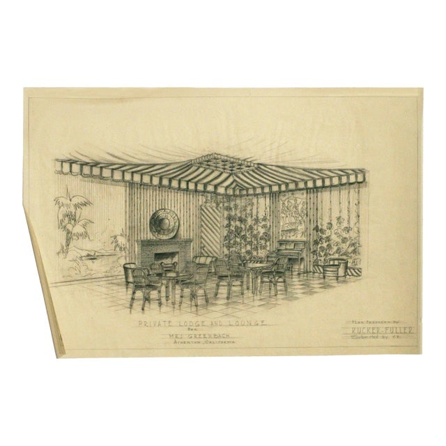 1955 Tropical "Private Lodge & Lounge" Architectural Rendering Prepared by Rucker Fuller: Title: 1955 Tropical "Private Lodge & Lounge" Architectural Rendering Prepared by Rucker Fuller Description: Original 1955 "Private Lodge & Lounge" hand drawn Architectural artwork Rendering prepared 