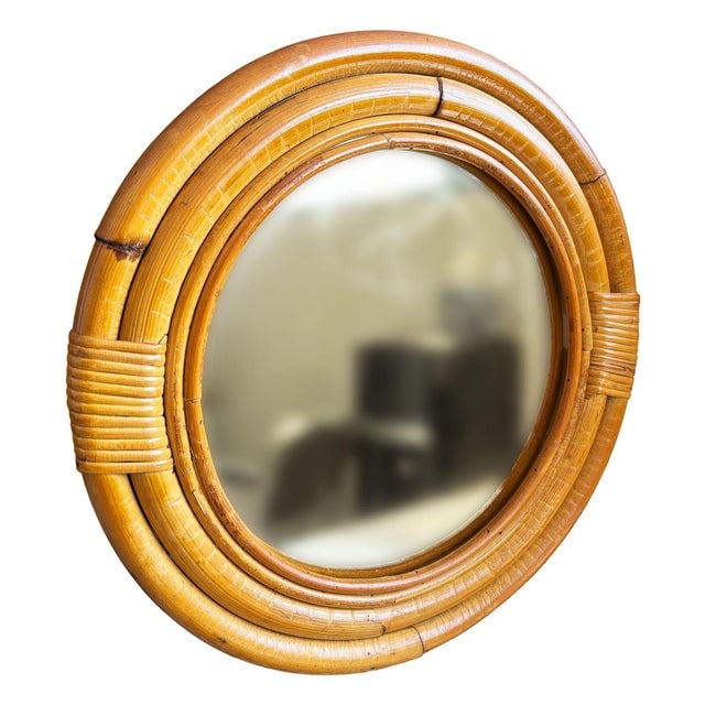 1950s Restored Mid-Century 12" Four-Strand Tropical Rattan & Wicker Round Wall Mirror - 2
