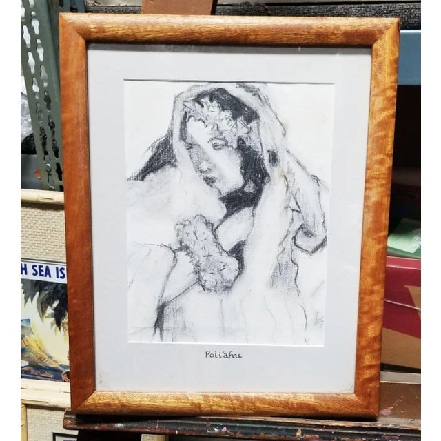 Hawaiian Female Portrait Charcoal on Paper Titled "Poli ªahu" in Koa Wood Frame - 2