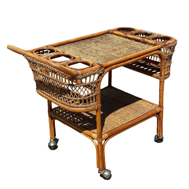 1930s Restored Art Deco Stick Rattan Two-Tier Bar Cart W/ Woven WickerTops - 4