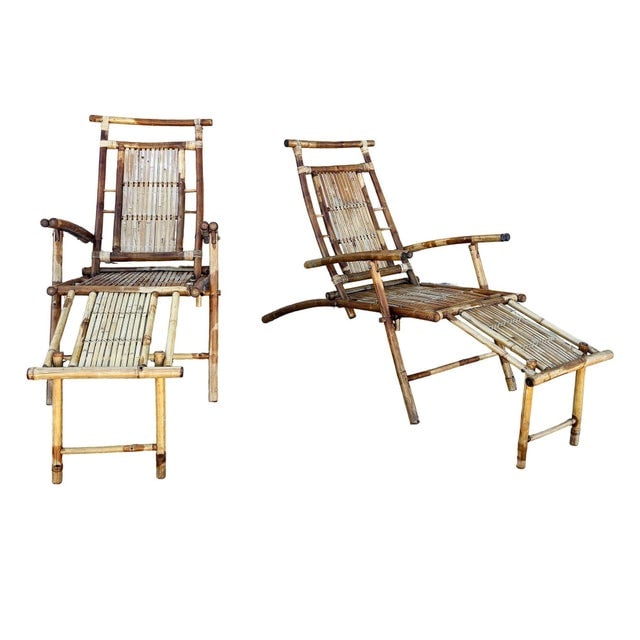 Early 20th Century Restored Aesthetic Movement Tiger Bamboo Garden/Patio Fold Lounge Recliner, Pair - 2