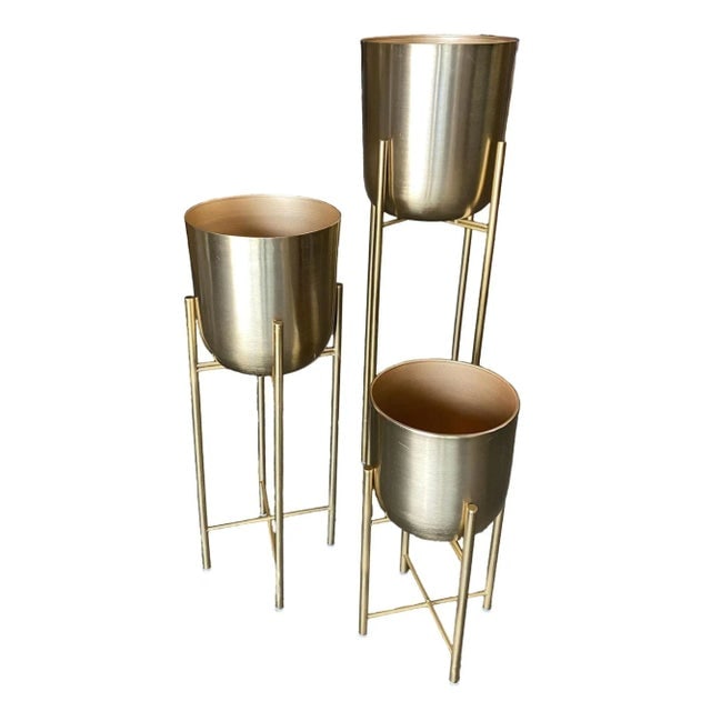 1990s Modernist Brass Spun Brass Planters With Stand - Set of 3 - 2