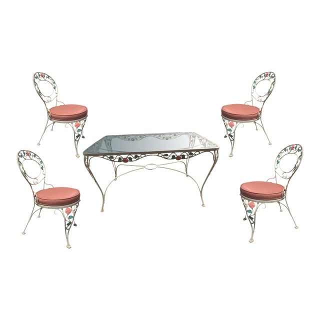 1980s Pink Rose White Iron Garden Table & 4 Chairs (1 of 12)