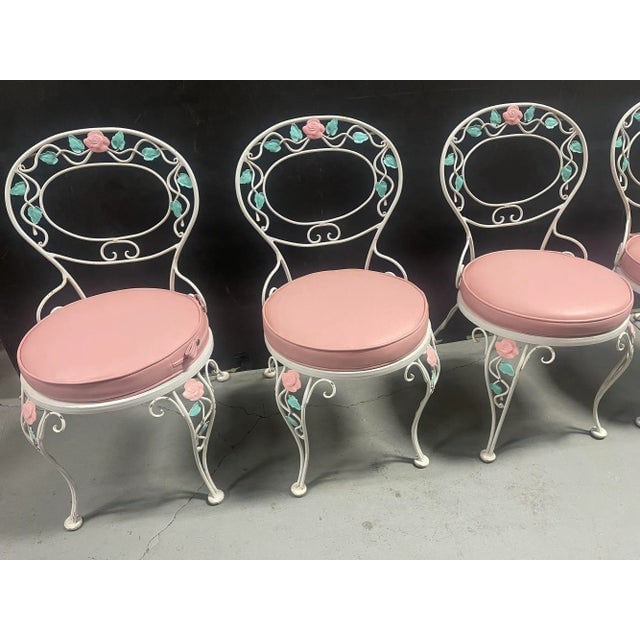 1980s Pink Rose White Iron Garden Table & 4 Chairs - 2