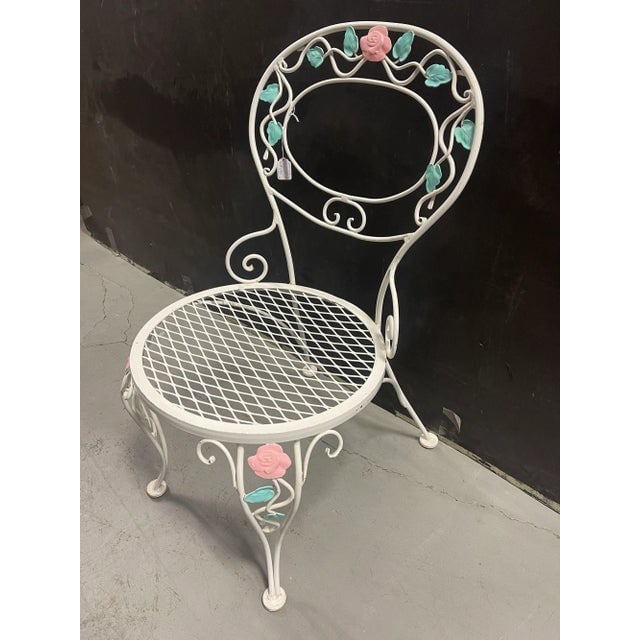 1980s Pink Rose White Iron Garden Table & 4 Chairs - 3