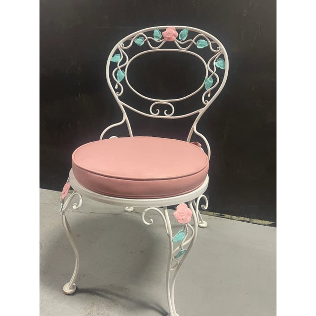 1980s Pink Rose White Iron Garden Table & 4 Chairs - 4