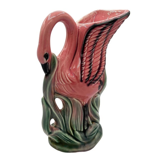 Mid-Century Pink & Green Flamingo Tropical Water Pitcher by Royal Copley - 3