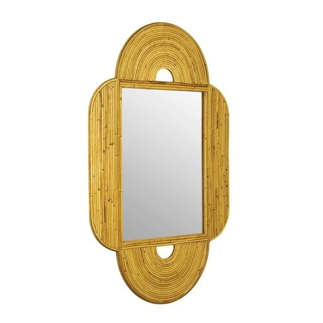 1980s Large 47"x 30" Italian Restored Streamline Split Reed Rattan Arched Wall Mirror - 2