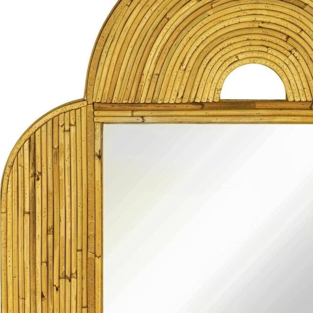 1980s Large 47"x 30" Italian Restored Streamline Split Reed Rattan Arched Wall Mirror - 3