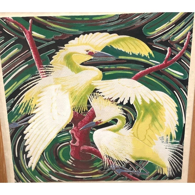 Restored Vintage 1949 Rattan Framed Crane Barkcloth Fabric Sample by Spectrum - 2