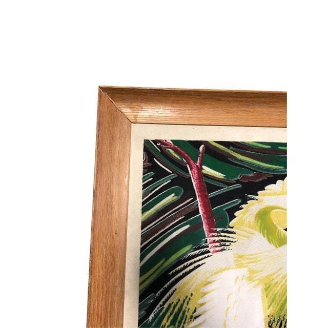 Restored Vintage 1949 Rattan Framed Crane Barkcloth Fabric Sample by Spectrum - 5