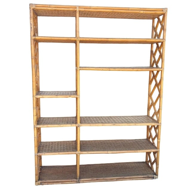 1960s Restored Mid-Century Rattan Ten-Tier Display Shelf Wall Etagere Unit W/ Cabinet - 2