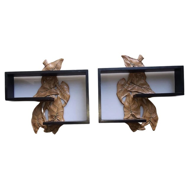 1950s Midcentury Wall Shelf With Hand Carved Leaf Pattern, Pair - 2