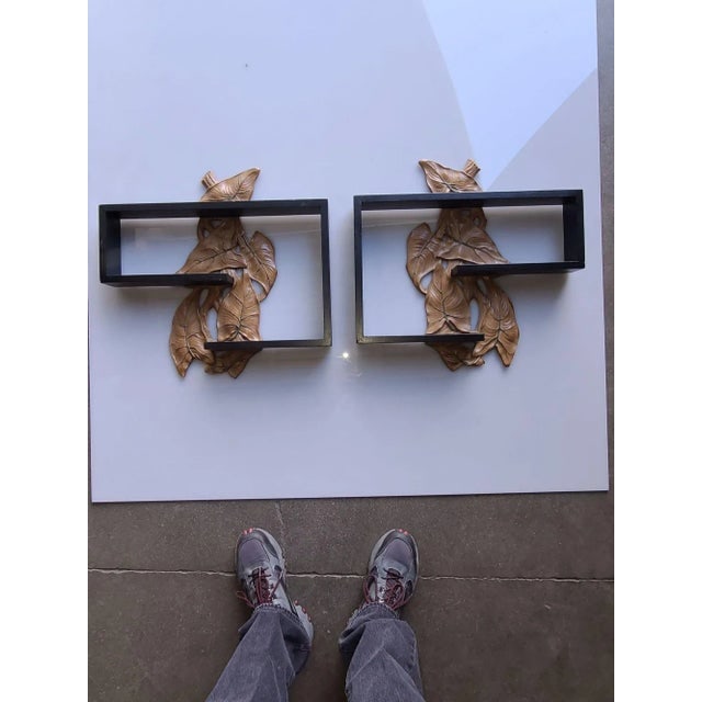 1950s Midcentury Wall Shelf With Hand Carved Leaf Pattern, Pair - 3