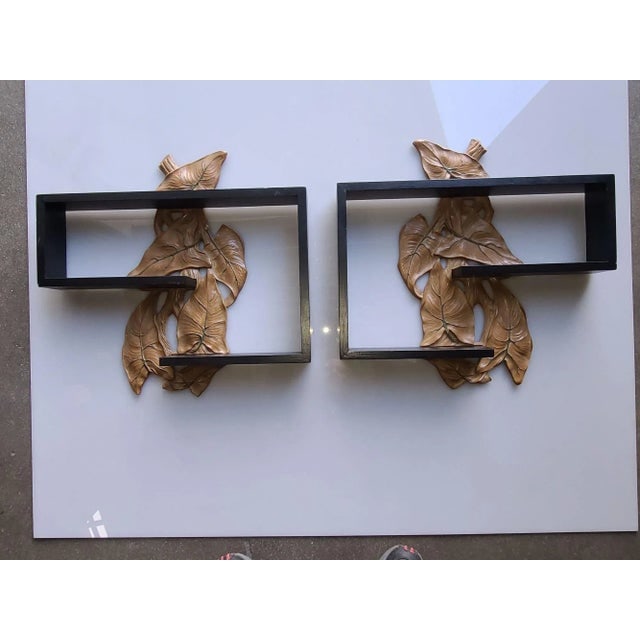 1950s Midcentury Wall Shelf With Hand Carved Leaf Pattern, Pair - 4