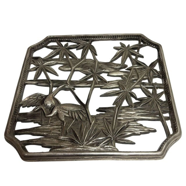 Mid-Century Tropical Cranes in Water Scene Metal Wall Scupture by Syroco - 3