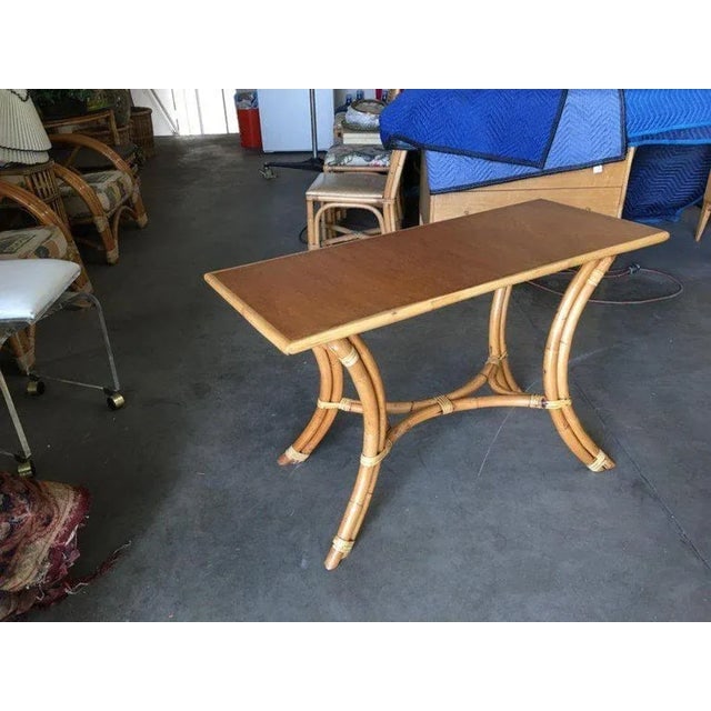 1950s Restored Rattan "Hour Glass" Sofa/Console Table With Mahogany Top - 4