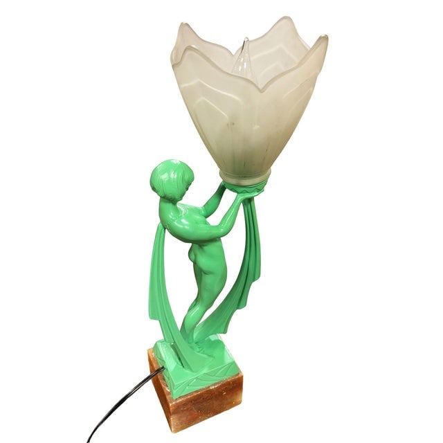 1930s French Green Spleter Metal Art Deco Style Biba Lamp on Marble by Jacques Limousin - 2