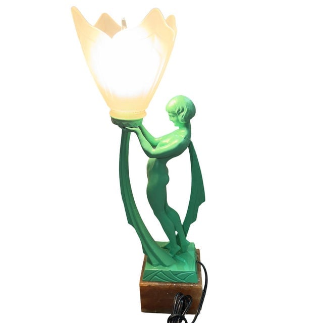 1930s French Green Spleter Metal Art Deco Style Biba Lamp on Marble by Jacques Limousin - 3