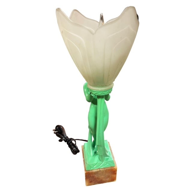 1930s French Green Spleter Metal Art Deco Style Biba Lamp on Marble by Jacques Limousin - 4