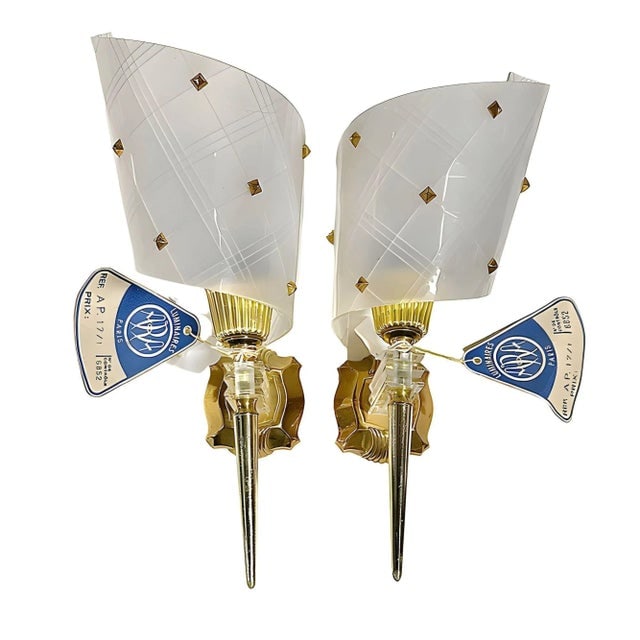 Set of 3 French MCM Brass & Lucite Wall Sconces by Pierre Guariche for Luminaires - 3