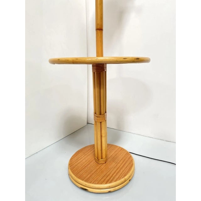 Restored Mid Century Rattan Swing Arm Floor Lamp W/ Drink Stand - 2