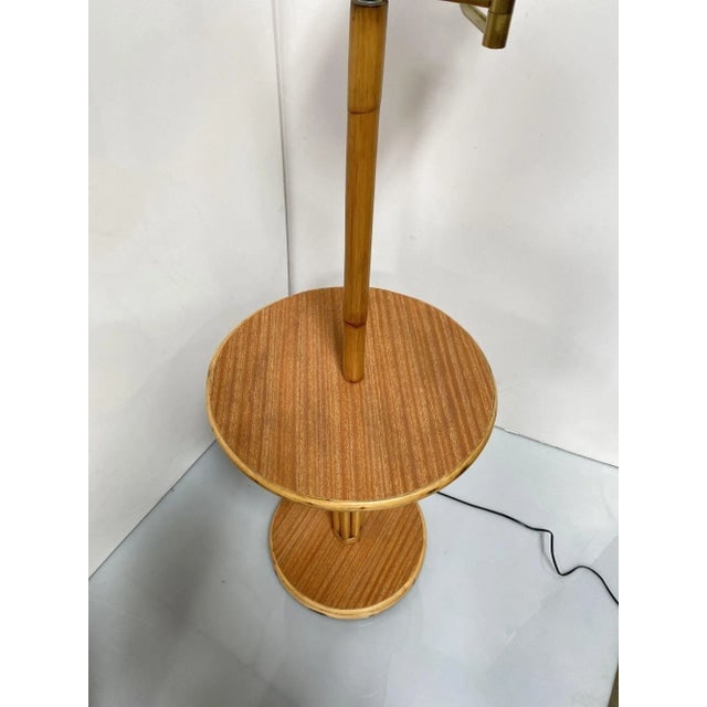 Restored Mid Century Rattan Swing Arm Floor Lamp W/ Drink Stand - 3
