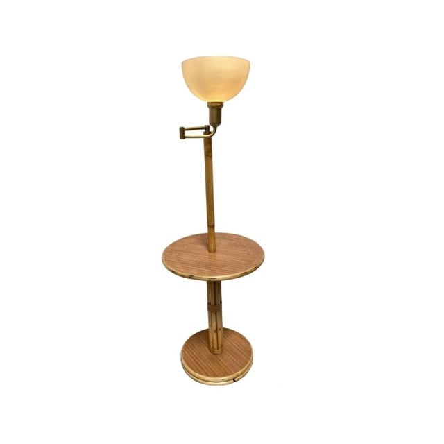 Restored Mid Century Rattan Swing Arm Floor Lamp W/ Drink Stand - 6
