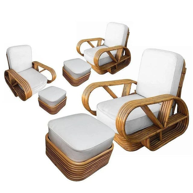 Restored Rattan Five-Strand "Victory Speed" Arm Lounge Chairs With Ottomans - 6 Pieces - 2