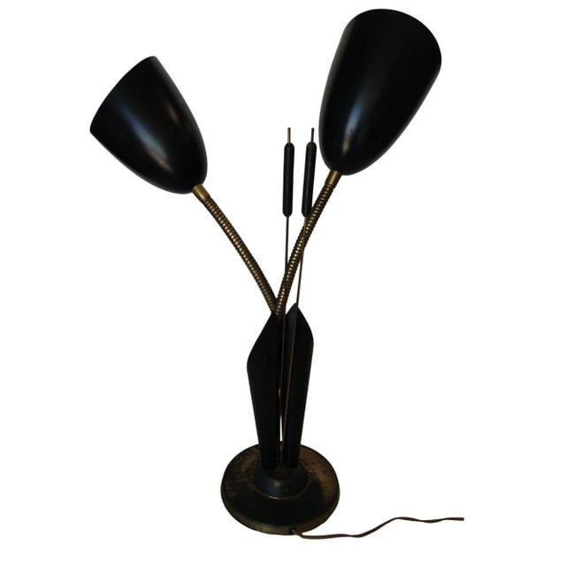 Mid Century Green Enamel Brass Gooseneck Calla Lily Desk Table Lamp - 3