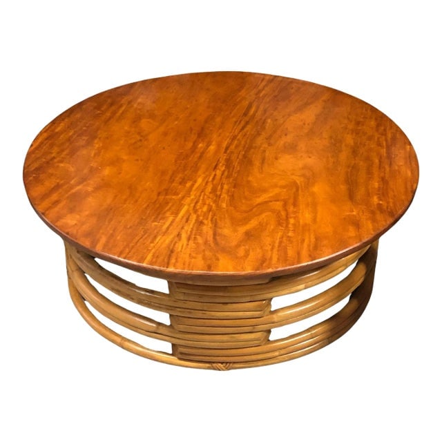 Restored Vintage Round Rattan Coffee Table With Mahogany Top (1 of 9)
