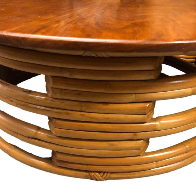 Restored Vintage Round Rattan Coffee Table With Mahogany Top - 6