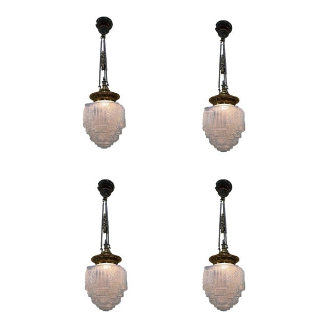 Art Deco Brass Ceiling Pendant W/ Stepped Blue Glass Deco Globe, Set of 4 (1 of 7)