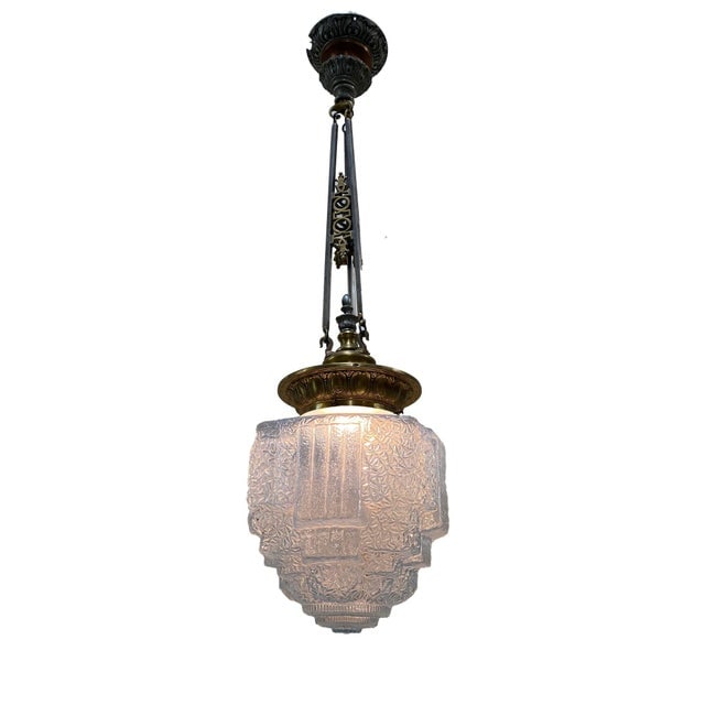 Art Deco Brass Ceiling Pendant W/ Stepped Blue Glass Deco Globe, Set of 4 - 2