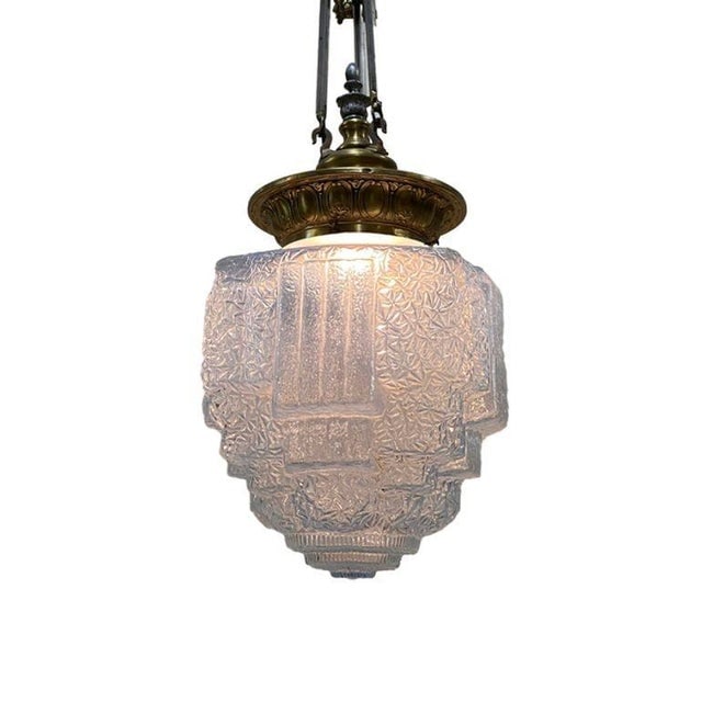Art Deco Brass Ceiling Pendant W/ Stepped Blue Glass Deco Globe, Set of 4 - 3