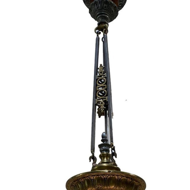 Art Deco Brass Ceiling Pendant W/ Stepped Blue Glass Deco Globe, Set of 4 - 4