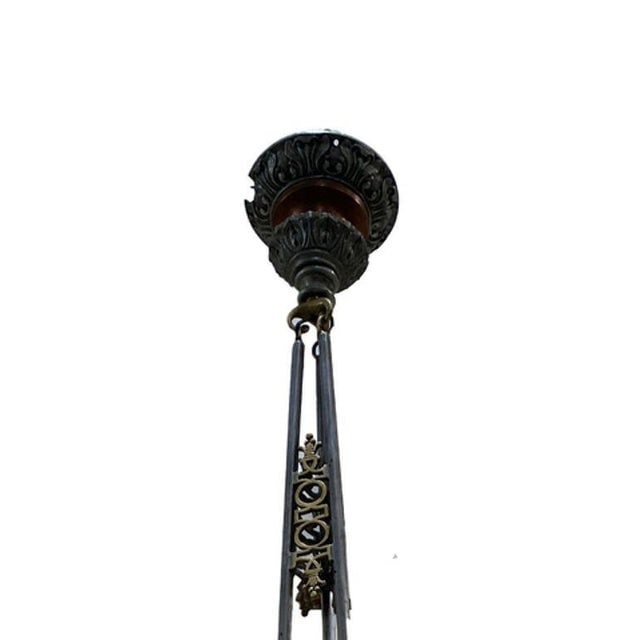 Art Deco Brass Ceiling Pendant W/ Stepped Blue Glass Deco Globe, Set of 4 - 5