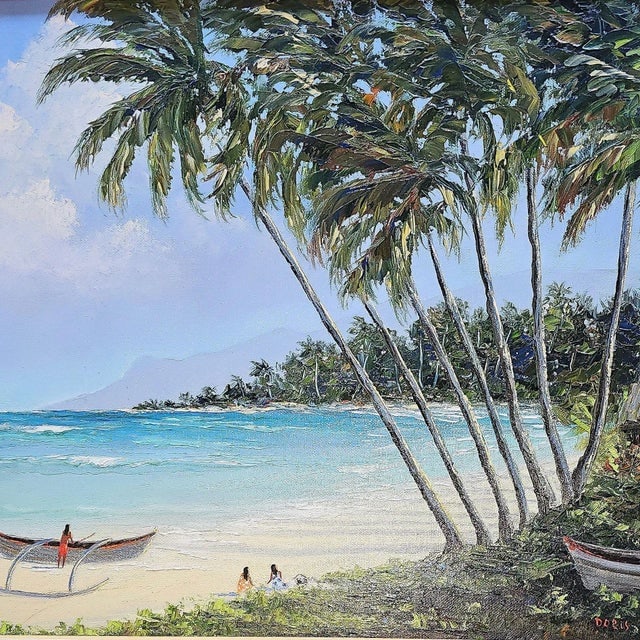 1980s Hawaiian Landscape Oil on Board by Daris Davis in Tropical Wood Frame - 2
