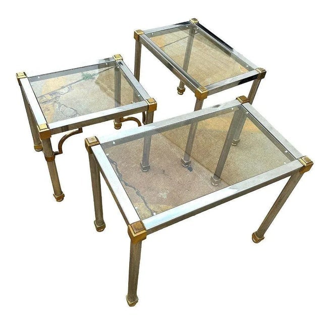 Hollywood Regency Chrome & Brass Maison Jensen Style Nesting Tables - 3