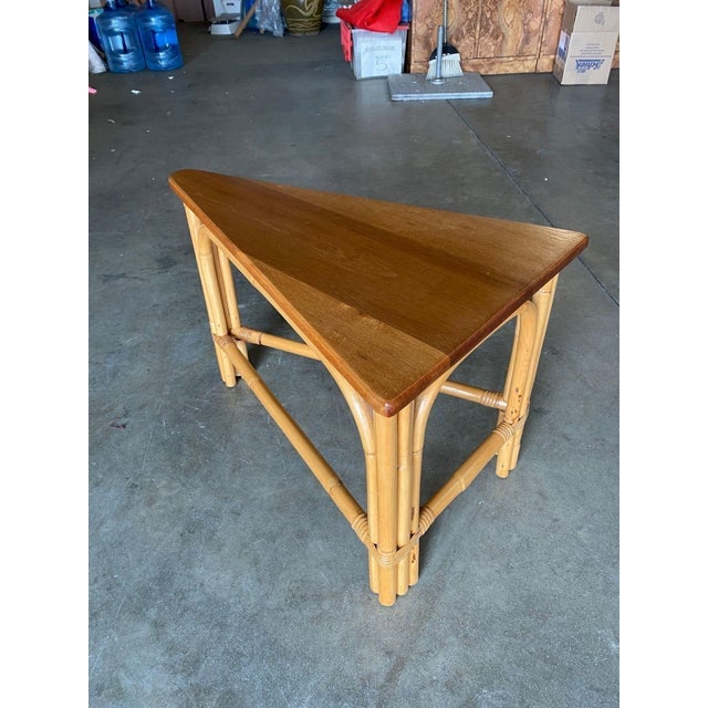Mid 20th Century Restored Rattan Corner Wedge Table With Mahogany Tabletop - 3
