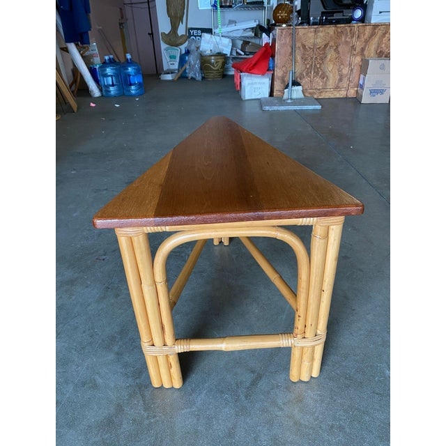 Mid 20th Century Restored Rattan Corner Wedge Table With Mahogany Tabletop - 4