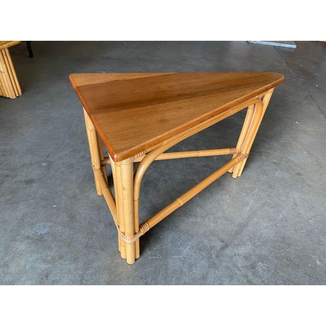 Mid 20th Century Restored Rattan Corner Wedge Table With Mahogany Tabletop - 5