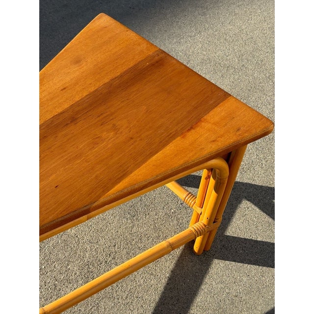 Mid 20th Century Restored Rattan Corner Wedge Table With Mahogany Tabletop - 6