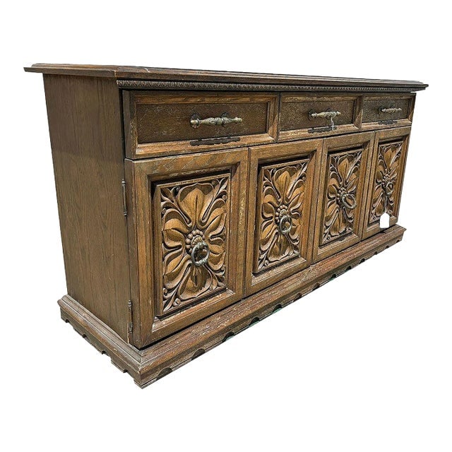 1970s Mid Century Mediterranean Revival Carved Oakwood Buffet Cabinet (1 of 7)