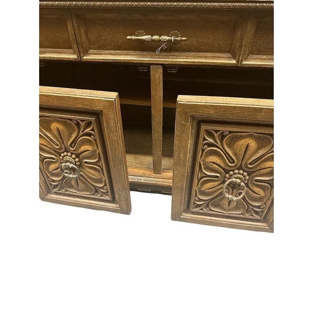 1970s Mid Century Mediterranean Revival Carved Oakwood Buffet Cabinet - 7