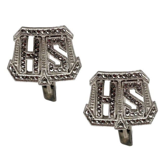 Modern Sterling Silver & Marcasite Cufflinks W/ "Hs" Mono by Kimmler & Daniel - 4