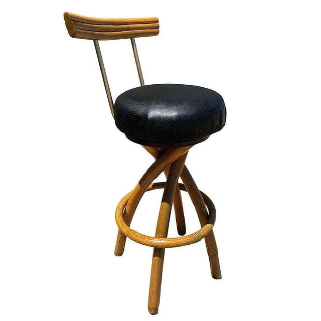 Restored 1950s Spiral Legs Rattan & Brass Barstool With Swivel Seats, Set of Six - 2